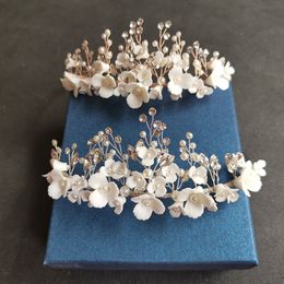 SLBRIDAL Handmade Luxury Crystal Rhinestones Pearls Ceram Flower Bridal Tiara Wedding Bridesmaids Party Crown Women Hair Jewellery J0113