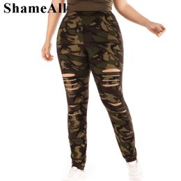 Plus Size Ripped Hole Camouflage Printing Elasticity Leggings 4Xl 5Xl High Waist Slimming Fitness Legging Pants For Women 201027