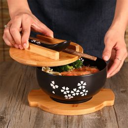 Japanese Style Rice Noodle Bowl with Lid Spoon and Chopstick Kitchen Tableware Ceramic Salad Soup Bowl Food Container Dinnerware 201214