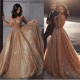 Gold Sequins Sparkly 2022 Prom Dresses with Spaghetti Straps Sexy Backless A Line Custom Made Evening Gown Formal Ocn Wear