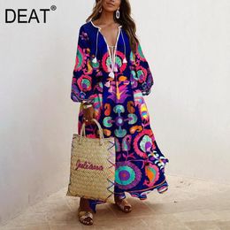 Casual Dresses Dress Women Floral Print Tassel Large Size Puff Sleeve Deep V Collar Style Long Length 2022 Summer Fashion HC2591