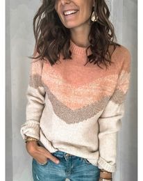 Winter Pink Knitted Sweater Women O-Neck Striped Colour Block Sweater Pullovers Long Sleeve Ladies Knitwear Causal Pull Femme LJ201112
