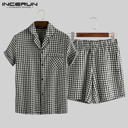 Summer Mens Pyjamas Sets Plaid Lapel Cotton Button Short Sleeve Sleepwear Tops Shorts Soft Unisex Pyjamas Suit Homewear INCERUN T200813