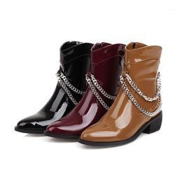 Boots YMECHIC Fashion Patent Pu Motorcycle Biker Ankle For Women Chain Black Block Heel Shoes Western Womens Winter1