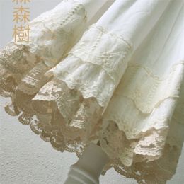 Japanese Mori Girl Multi Layer Lace Cotton Skirt Women White Fairy Embroidery Pleated Princess Underskirt Kawaii A285-1 220221