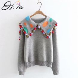 H.SA Women Cute Sweater and Pullovers Turn Down Collar Ball Tassel Knit Jumpersa Grey Chic Navy Style Jumpers Winter Pull 201130