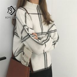 Ins Winter New Women's Pullovers Sweater Fashion Plaid Turtleneck Loose Knit Full Sleeve Korean Casual Tops T98301D 201109