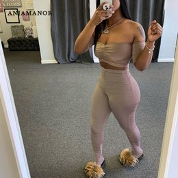 ANJAMANOR 2020 Summer Sexy 2 Piece Set Off Shoulder Crop Top with Stacked Pants Matching Sets Women Club Outfits D63-AF76