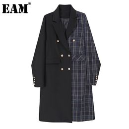 [EAM] Women Black Plaid Split Long Trench New Lapel Long Sleeve Loose Fit Windbreaker Fashion Tide Spring Autumn 1DC321 201102