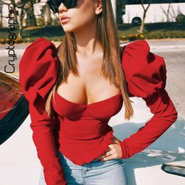 Cryptographic Square Collar Ruched Women Tops and Blouses Sexy Backless Puff Sleeve Fashion Blouses Shirts Solid Streetwear New T200321