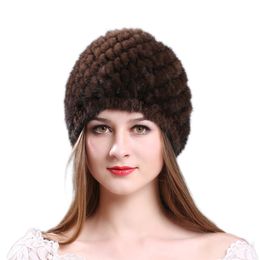 Quality imported mink casual beanie hat / sleeve head cap mink pineapple pattern knit hat Y201024