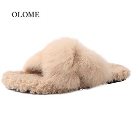 Autumn New Woman Slippers for Home Luxury Rabbit Fur Slippers Open Toe Outside Flat Shoes Winter Warm Fuzzy Shoes Y201026