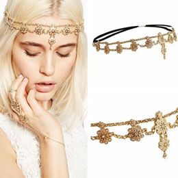 Women Fashion Headress Accessories Pearl Floral Flower Rhinestone Beaded Faux Pearl Pave Stretch Headband Gold FD044