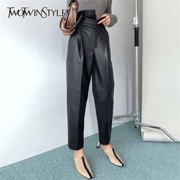 TWOTWINSTYLE PU Leather Harem Pants For Women High Waist Ankle Length Black Casual Trousers Female Fashion New Clothing 201118