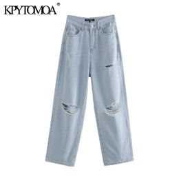 KPYTOMOA Women Chic Fashion Ripped Hole Straight Jeans Vintage High Waist Zipper Fly Female Ankle Denim Pants Mujer 201105