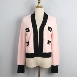 Women's Knits & Tees High Quality 2021 Dehaired Angora Short Outerwear Women Contrast Color Button Patchwork Cardigan Sweater 3 Colors