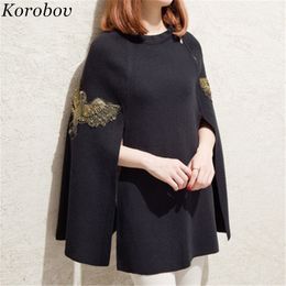 Fashion- Women Knitwear Auttum Winter O-Neck Cloak Sweaters Batwing Sleeve Cartoon Embroidery Korean Mujer Sweater