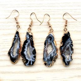 30Pairs Freeform Black Natural Quartz Druzy Crystal Rock Geode Agate Slice Gold Plated Gemstone Handmade Hook Earrings Jewelry for Women