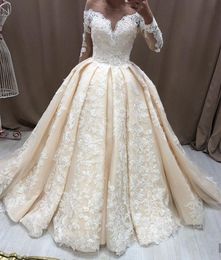 Custom Long Sleeves Lace Ball Gown Wedding Dresses 2021 with Appliques Scoop Neck Court Train Tulle Bridal Gowns Plus Size