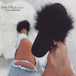 ETHEL ANERSON Women Ostrich Feather Slippers Fluffy Summer Slides Flat Home Flip Flops Fuzzy Casual Party X1020