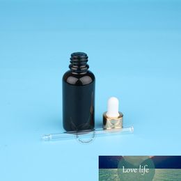 10pcs/Lot 30ml Glass Empty Essential Oil Bottle 1oz/ 30cc Refill Women Cosmetic Container with Dropper Gold Cap Pot Black Vial