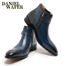 Design maschile 28 Design genuino in pelle vera caviglia di alto grado con fibbia con fibbia con fibbia zip scarpe stivali di base blu nera maschi 201027