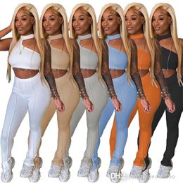 Mulheres Slim Tracksuits Dois peças Calças Set Sexy Hollow Out Crop Top Bodycon Leggings Terno Senhoras Zipper Split Bodysuit Clubwear