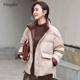 Fitaylor New Women White Duck Down Jacket Winter Stand Collar Loose Down Coat Female Warm Short Snow Outwear 201120