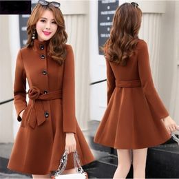 Women outerwear autumn winter New clothing Korea fashion belt warm Woollen dress blends Slim female elegant Woollen coat 899i 201216