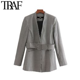 TRAF Women Vintage Stylish Office Wear Houndstooth With Belt Blazer Coat Fashion V Neck Long Sleeve Plaid Outerwear Chic Tops 201023