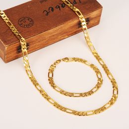 Fashion 24 K Yellow Solid Gold FINISH Men's OR Women's Trendy Bracelet 21cm Necklace Set Figaro Chain Watch Link Y201007