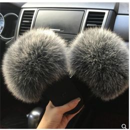 Real Raccoon Fur Slippers Winter Women Slider Casual Fox Hair Flat Fluffy Fashion Home Summer Big Size 45 Furry Flip Flops Shoes Y201026