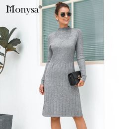 Casual Knitted Sweater Dresses Women New Arrival Autumn Long Sleeve Dress Ladies Knee Length Dress Winter Clothes 201125