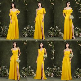 Gergeous Mix Styles Yellow Mermaid Bridesmaid Dresses Split Side One Shoulder Pleated 2022 Beach Long Wedding Party Dress for Maint of Honor Gowns