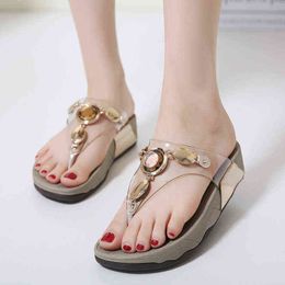 2022 summer comfortable slope heel sandals, Rhinestone thick heel clip foot muffin women's shoes