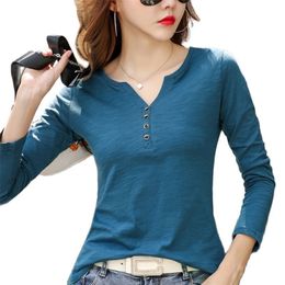 TuangBiag 2022 Spring Long Sleeve Button V-Neck Bamboo Cotton T-Shirt Women Loose Fashion Brand T Shirt Lady Simple Casual Tops 220226