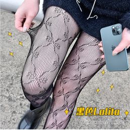 For Women new Designer Letter silk stockings textile Fashion Hot Tights Sexy Lace Lady Socks Hollow Small flower Mesh Thin Women Personalised black