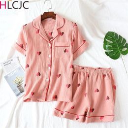 2Pcs Cotton Crepe Pyjamas Women Sleepwear Girl's Pyjamas Set Short Sleeved Sleepwear Simple Style Short Nightwear Soft Home Wear Y200708