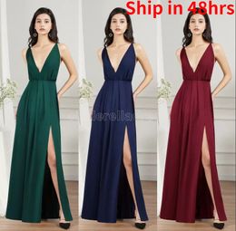 24H ship Bridesmaid Dresses Sexy Backless Split Plunging V Neck Women Party Vestidos Summer Beach Bohemian Maid of Honor Gowns cps3008