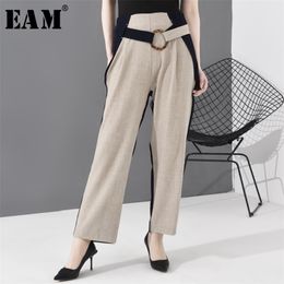 [EAM] High Waist Apricot Contrast Color Long Wide Leg Trousers New Loose Fit Pants Women Fashion Tide Spring Autumn 2020 LJ201103