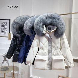 FTLZZ Winter New Women Jacket Fox Fur Collar Hooded White Duck Down Parkas Tuck In The Waist Casual Short Oversized Snow Outwear 201019