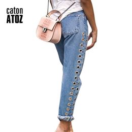 catonATOZ 2093 New High Waist Eyelets Boyfriend Denim Mom Women Pants Female Plus Size Jeans For Woman 201223