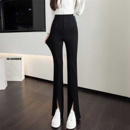 Jielur Split Zipper Buttons Women Trousers Korean Fashion Casual Office Lady Black Flare Pants Female High Waist Long Pants S-XL 220104