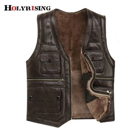 Holyrising Mens Luxury Full Sheepskin Leather Gilet Motorcycle Vest for Men Pockets Black Brown Fake Leather Coat 19246-5 201126