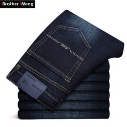 Men's Brand Jeans Classic Style Autumn Winter Business Casual Dark Blue Elastic Straight Denim Trousers Male High Quality Pants 201116