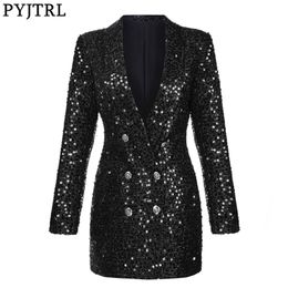 PYJTRL New Fashion Women Shawl Lapel Shiny Sequins Suit Jacket Female Double-breasted Long Coat Slim Fit Blazers Autumn Clothes 201201