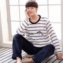 Pajama Set Men O-neck Long Sleeve Striped Comfortable Warm Flannel Mens Pajamas Plus Size XXXL Korean Style Home Clothing Casual 201023