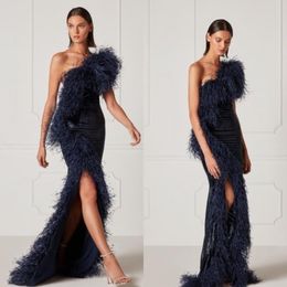 Elegant Evening Dresses Sexy One Shoulder Lace Feather Side Split Prom Gowns 2021 Custom Made Sweep Train Special Occasion Dress