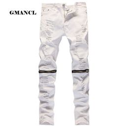 Red White Black Ripped Denim Pant Knee Hole Zipper Biker Jeans Men Slim Skinny Destroyed Torn Jean Pants Hip-Hop swag 201111