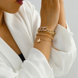 Women Fashion Charm Bracelets Streetwear Punk Cool Rhinestone Gold/Silver Bracelet Multi-layer Lock Pattern Thick Chain Bracelet Jewelry